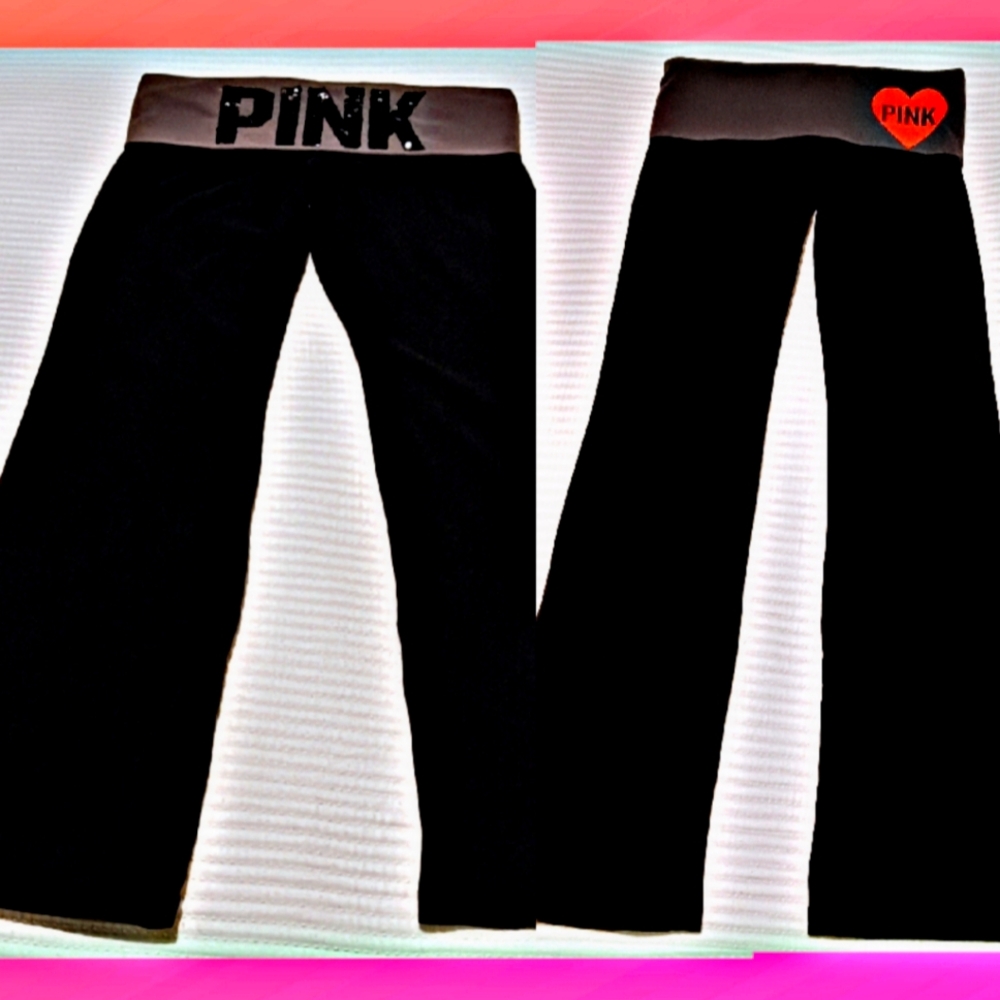 Victoria's Secret PINK Bling Heart Foldover Flare Leggings Yoga Pants SZ S RARE